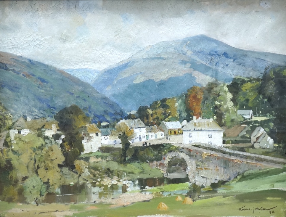 Terence J. McCaw (South African, 1913-1978), Village scene with stone bridge, signed and dated 1936, oil on canvas, 45 x 60cm